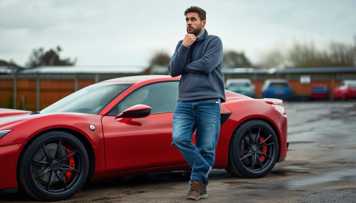 I man on a used car sales lot, with his hand on his chin, looking very pensive as he is kicking the tyre of one of the wheels of a sleek looking sport